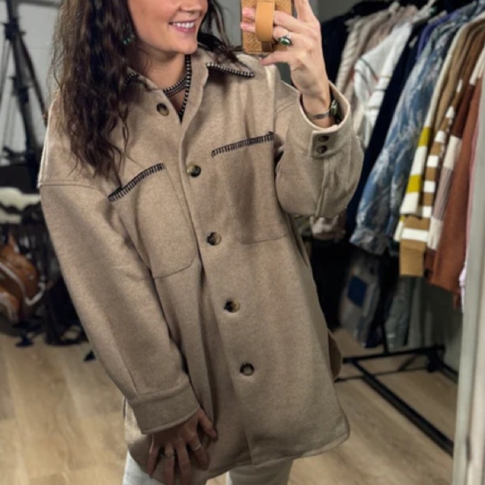 Zara NWT beige tan oversized button front stitched shacket - Picture 13 of 16